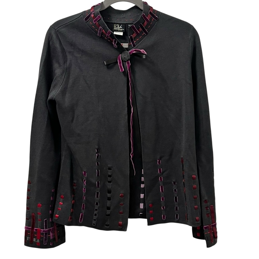 CoVelo Silk Cotton Woven Ribbon Cardigan Charcoal Plum Velvet Trim Medium NWT